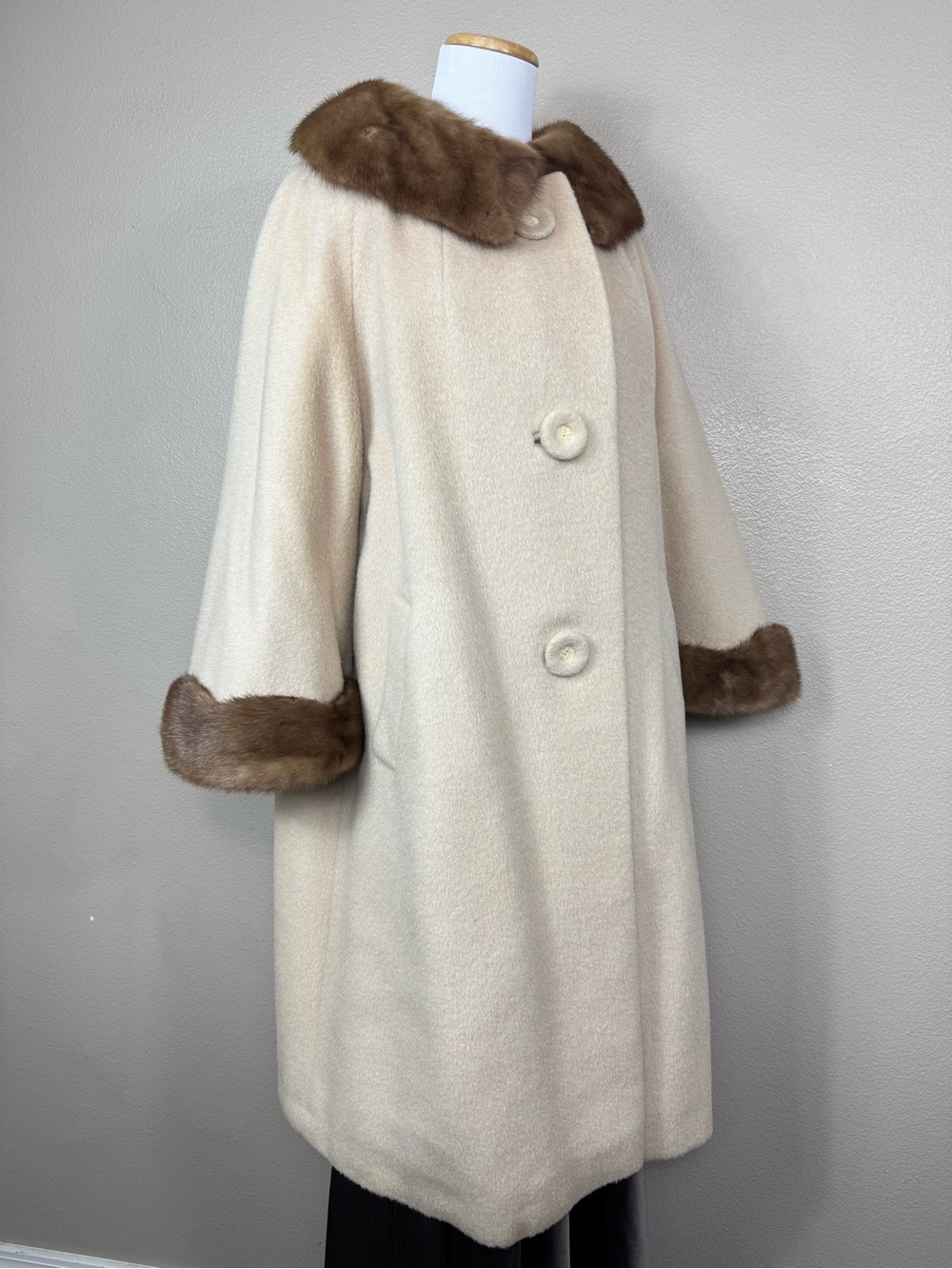 Forstmann tan Wool Penny Lane Coat Real Mink Fur Trim